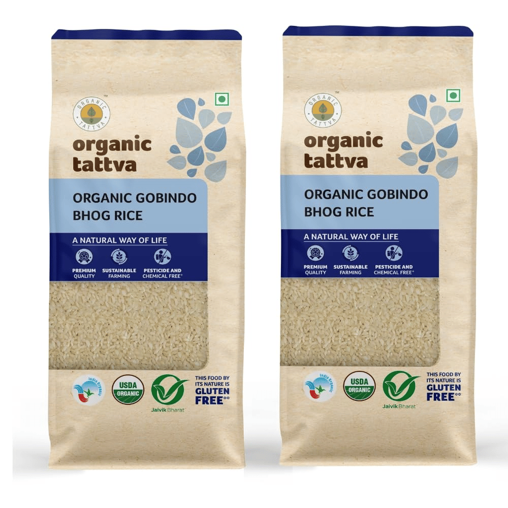 Orgainc Tattva, Organic Gobindobhog Rice 1 Kg | 100% Vegan, Gluten Free and NO Preservatives | Flavorful and Aromatic Rice(Pack of 2)