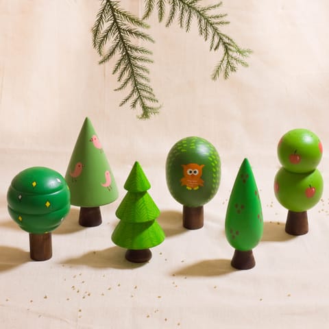 Scrapshala | Forest Tree Set | Set of six | Christmas Table Decor | Natural Wood | Handmade | Kids Toy