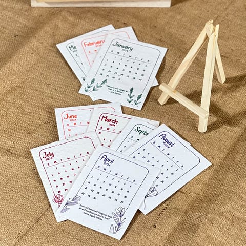 Scrapshala | Plantable Calendar 2024 | 12 sheets of Seed Paper | Eco-friendly | With wooden easel stand | Sustainable Gifting | Made in India