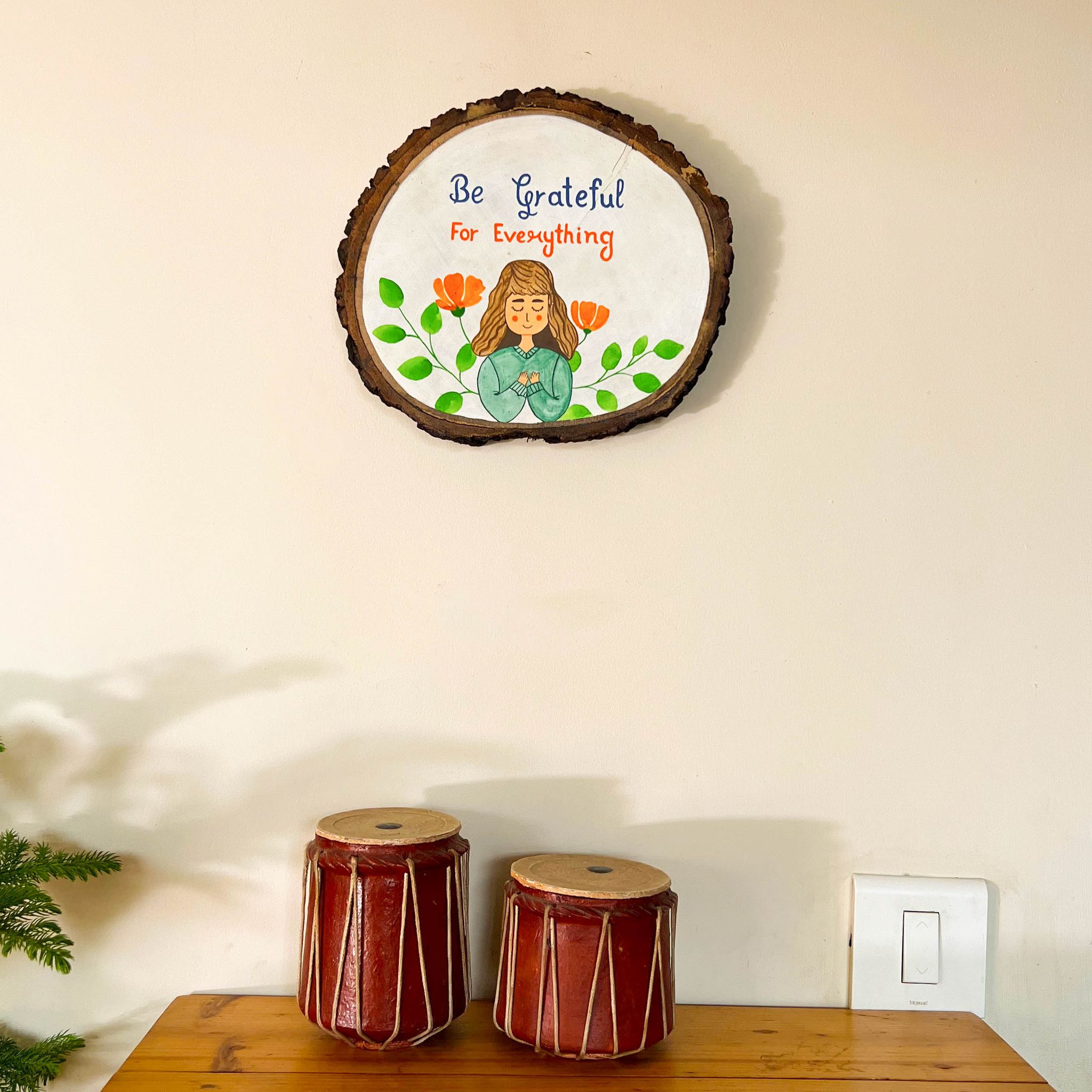 Scrapshala | Grateful Wooden Log Plate | Live Edge Wood | Hand-painted | Stain-proof | Upcycled