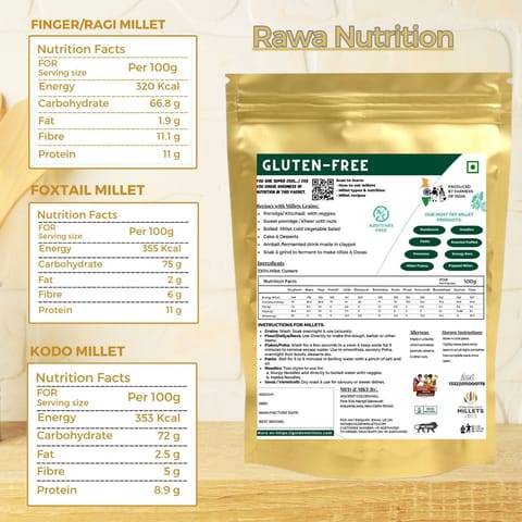 Golden Millets Rawa Combo | 100% Gluten Free | Diabetic Friendly | Good For Upma And Halwa | No Preservative | Ragi Sooji | Kodo Millet Rawa | Foxtail Millet Rawa | High Calcium & High Fibre (500 gms x 3)
