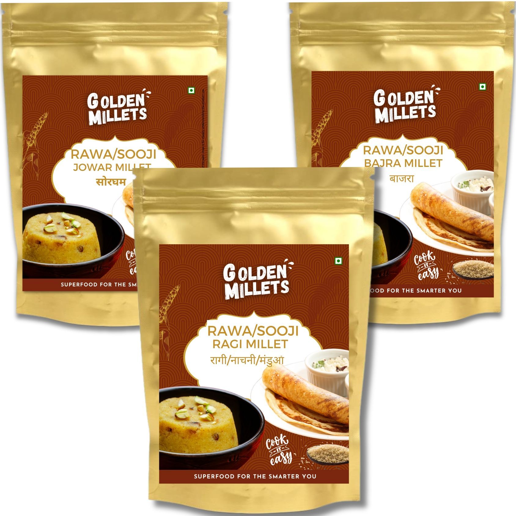 Golden Millets Diabetic Friendly Millet Sooji Combo | 100% Gluten Free & Good For Idly Rawa|  | No Preservative | Jowar Sooji | Bajra Rawa | Ragi Rawa | High Calcium & High Fibre , No Wheat Rawa(500 gms x 3)