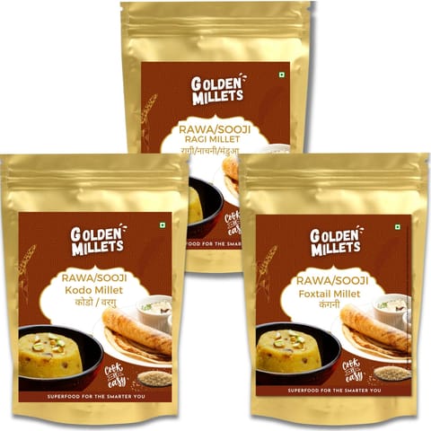 Golden Millets Rawa Combo | 100% Gluten Free | Diabetic Friendly | Good For Upma And Halwa | No Preservative | Ragi Sooji | Kodo Millet Rawa | Foxtail Millet Rawa | High Calcium & High Fibre (500 gms x 3)