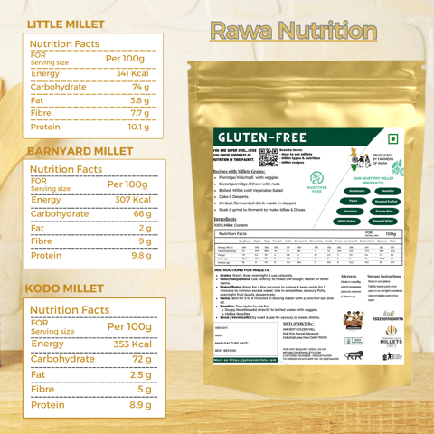 Golden Millets Sooji Gluten Free | Good For Upma And Halwa | High Calcium & High Fibre Idly Rawa | No Preservative | Kodo Millet Rawa | Little Millet Rawa | Barnyard Millet Rawa | NO WHEAT Rawa (500g x 3)