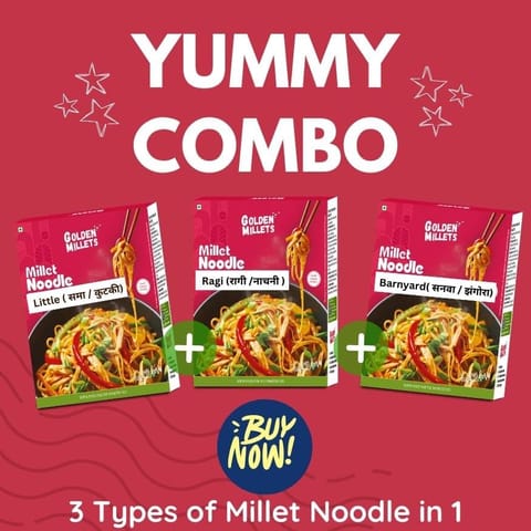 GOLDEN MILLETS Noodles For Kids Combo | Little Millet Noodles | Barnyard Millet Noodles | Ragi Noodles | 0% Maida | Healthy Noodles Millets | Millet Noodles For Diet | (150g x 3)