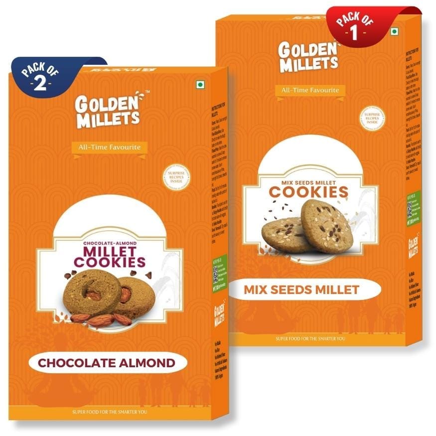 GOLDEN MILLETS Cookies Combo Healthy Cookies for Kids | Millets Cookies Sugar-Free | | Chocolate Almond Millet Cookies & Mix Seeds Millet Cookies | No Maida | (150 gms x 3)