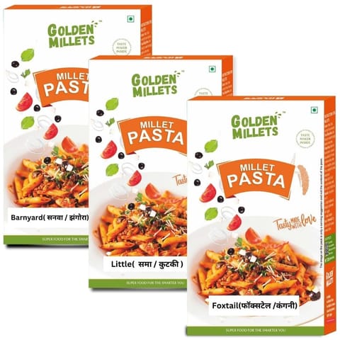 Golden Millets High fibre Pasta Combo | No Maida | Kids Friendly Pasta | Foxtail Millet Pasta | Little Millet Pasta | Barnyard Millet Pasta | Penne Pasta With Tastemaker (Pack of 3, 450 gms)