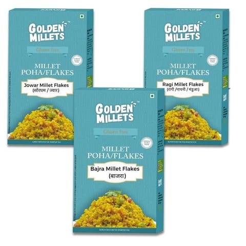 Golden Millet Poha Combo gluten free | Diabetic Friendly | No Preservative | Jowar Flakes | Bajra Flakes | Ragi Millet Flakes | (250g x 3)