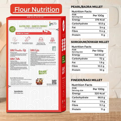 Golden Millets Gluten free Millet Flour Combo | Diabetic Friendly And Help For Weight Management | Jowar Atta | Bajra Atta | Ragi Flour | Siridhanya Millet Flour (500g x 3)