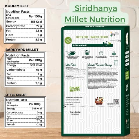 Golden Millets Siridhanya Unpolished Millets Rice Combo Pack Gluten free low GI | Diabetic Friendly | No Preservative | Kodo Millet | Little Millet | Barnyard Millet | (500g x 3)