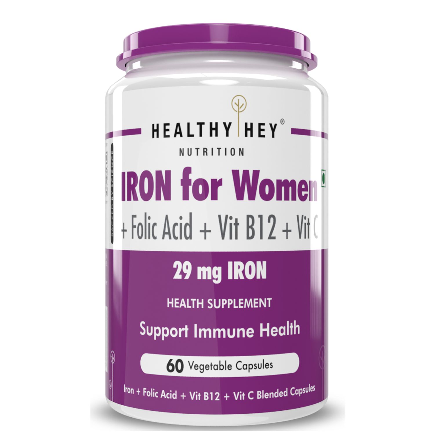 HealthyHey Nutrition Iron for Women + Vitamin B12 + Folic Acid & Vitamin C (60 Veg Capsules)