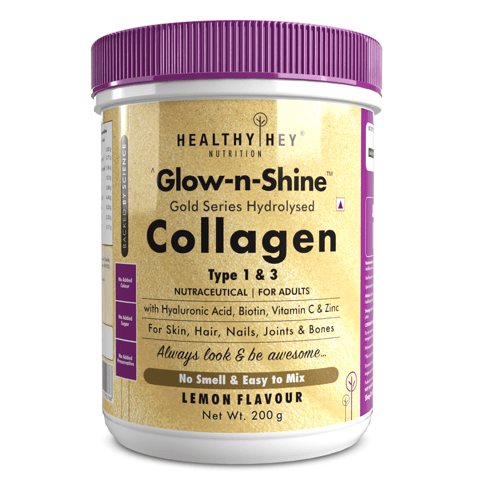 HealthyHey Nutrition Skin Support - Glow & Shine? Collagen Power 200g | Gold Series Hydrolysed Collagen for Women and Men with Hyaluronic Acid, Biotin, Vitamin C, and E for Healthy Skin, Hair and Nails - (Lemon, 200Gm)