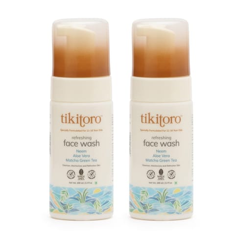 Tikitoro Teens Refreshing Face Wash, 100% Vegan Neem, Aloe Vera, Matcha Green Tea Extract, Cleanses & Refreshes the Skin, No Parabens & Sulphates, All Skin Types (Age: 11+) (100ml x 2)