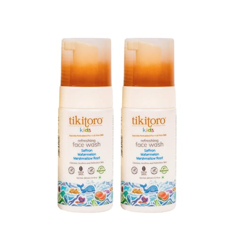 Tikitoro Kids Refreshing face wash 100% Vegan with Saffron, Watermelon and Marshmallow Root Cleanses, Purifies & Moisturises Skin No Parabens & Sulphates (100 ml x 2)