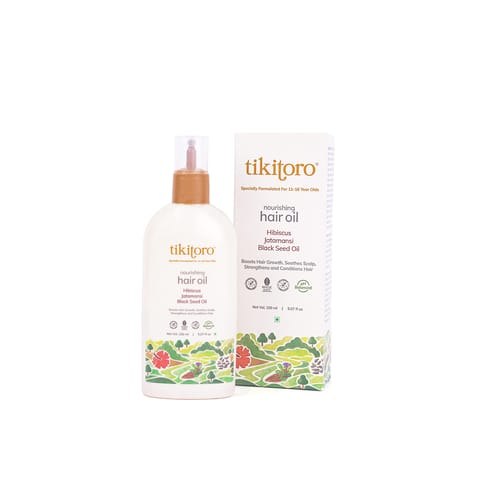 Tikitoro Teens Nourishing Hair Oil 100% Vegan with Black seed oil, Hibiscus, & Argan, Promotes Hair Growth & Conditions Scalp, Non-sticky, Non-smelly & Non-greasy, No Parabens & Sulphates (150 ml)