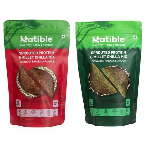 Natible Sprouted Protein & Sprouted Millet Chilla Dosa Mix, Natural Healthy Protein & Fiber-Rich Breakfast No Maida. 200Gram Each (Pack of 2)