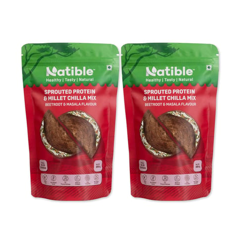 Natible Sprouted Protein & Millet Chilla Mix - Beetroot Masala Flavour (200 gms x 2)