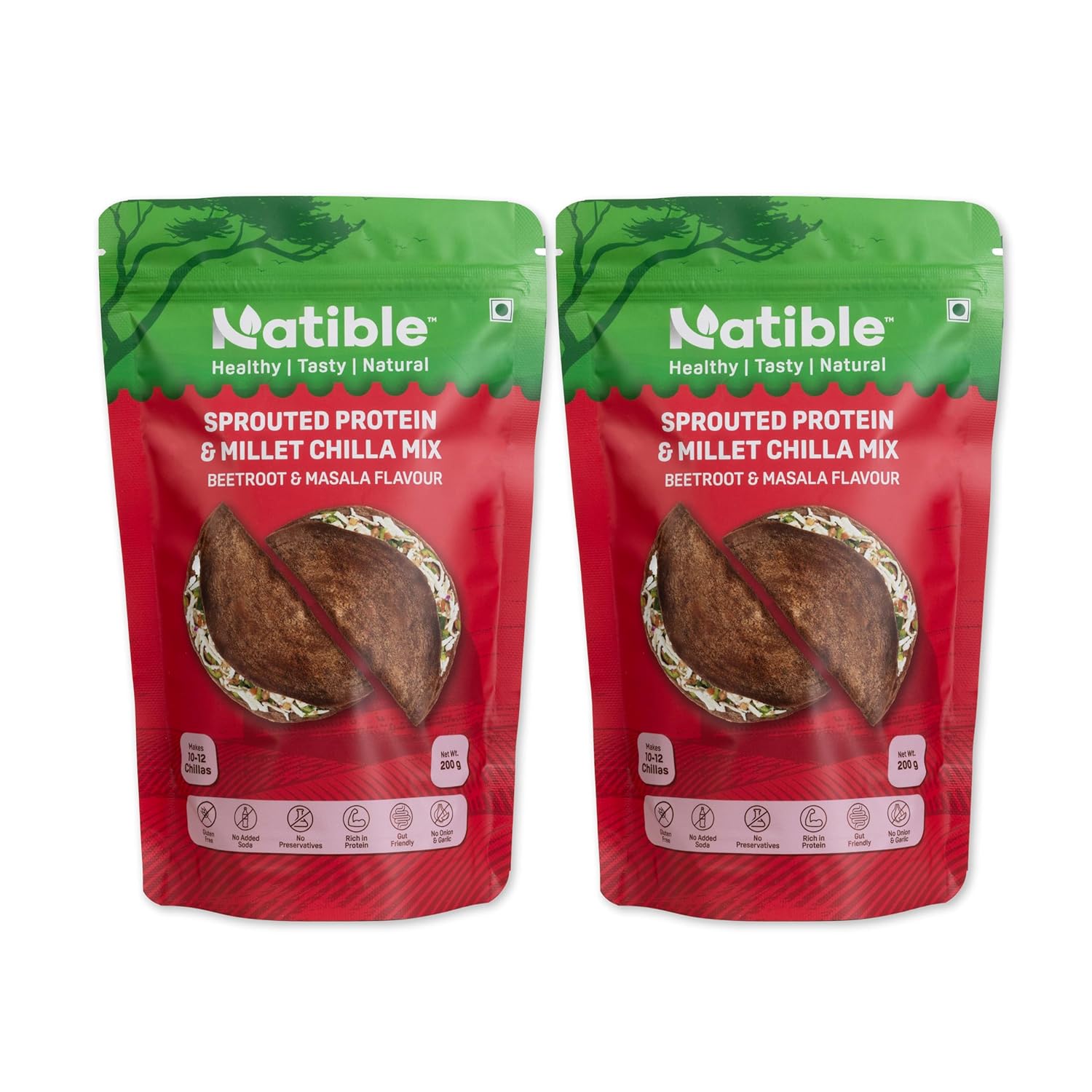 Natible Sprouted Protein & Millet Chilla Mix - Beetroot Masala Flavour (200 gms x 2)