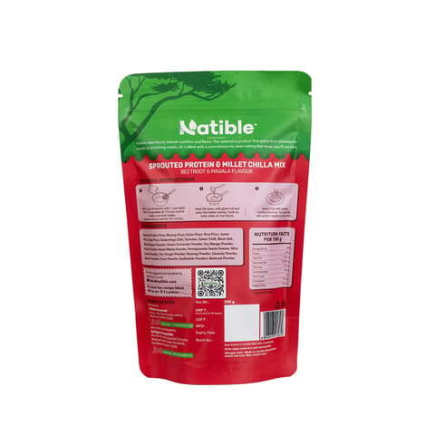 Natible Sprouted Protein & Millet Chilla Mix - Beetroot Masala Flavour (200 gms x 2)
