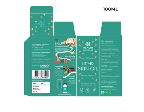 Health Horizons Cold Pressed Hemp Oil for Massage Skin Moisturizer, Topical use Vitamin E-100ml