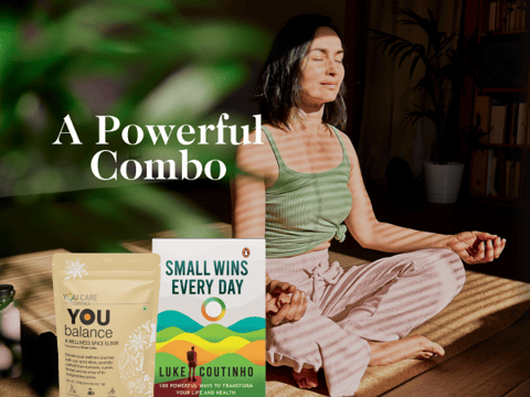 You Care's Wellness Synergy Bundle. Achieve balance, wellness, and personal growth through the combination of the: You Balance Powder and Luke Coutinho's Small Wins book