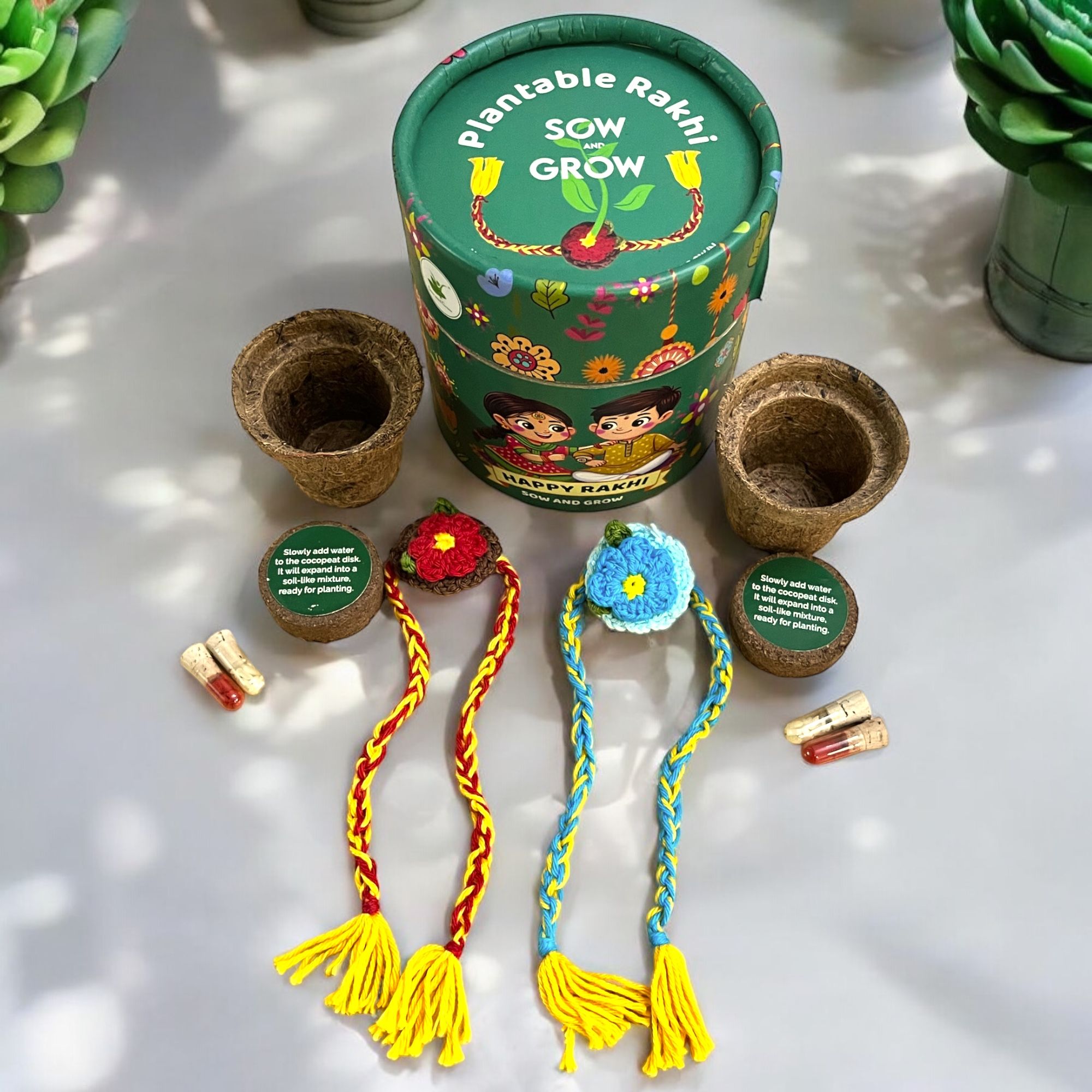 Sow and Grow 2-Pack Premium Plantable Flower Crochet Rakhis with Sunflower Seeds Grow Kit | Rakhi That Grows | Be Sustainable | Colour Red and Blue