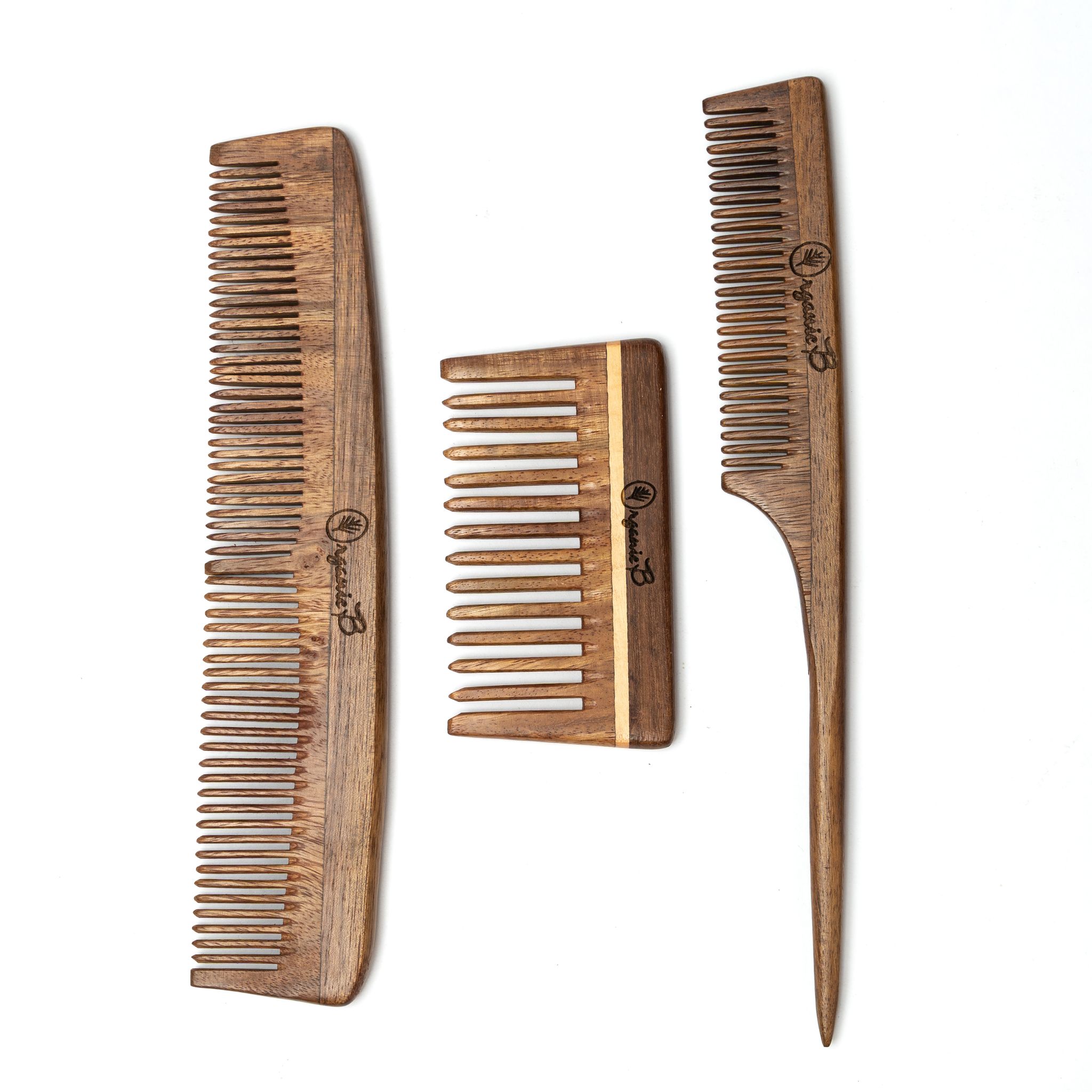 Organic B Fragrant & Pure Indian Rosewood Comb set of 3 | Richness Dual + Tailored Wide + Tailored arrow