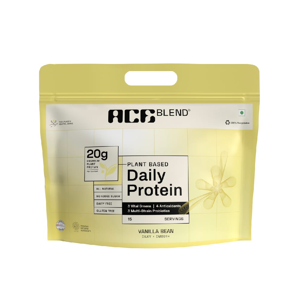 Ace Blend DAILY 20 gms Premium Plant Protein & Superfoods | Vanilla Flavor | Daily Protein | 4 Vital Greens | 4 Antioxidants | 3 Probiotics | Blended for all ages | 100% Gut Friendly