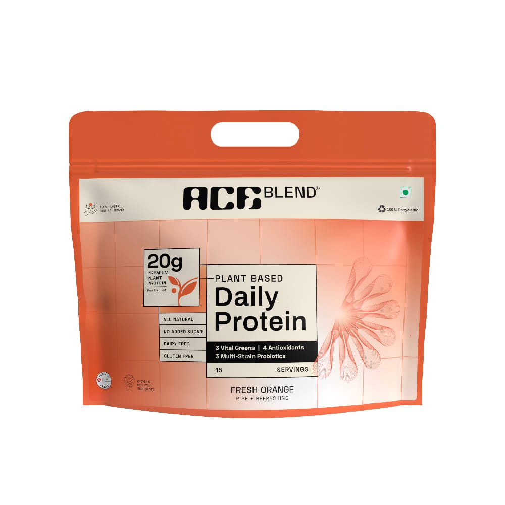 Ace Blend DAILY 20 gms Premium Plant Protein & Superfoods | Orange Flavour | Daily Protein | 4 Vital Greens | 4 Antioxidants | 3 Probiotics | Blended for all ages | 100% Gut Friendly