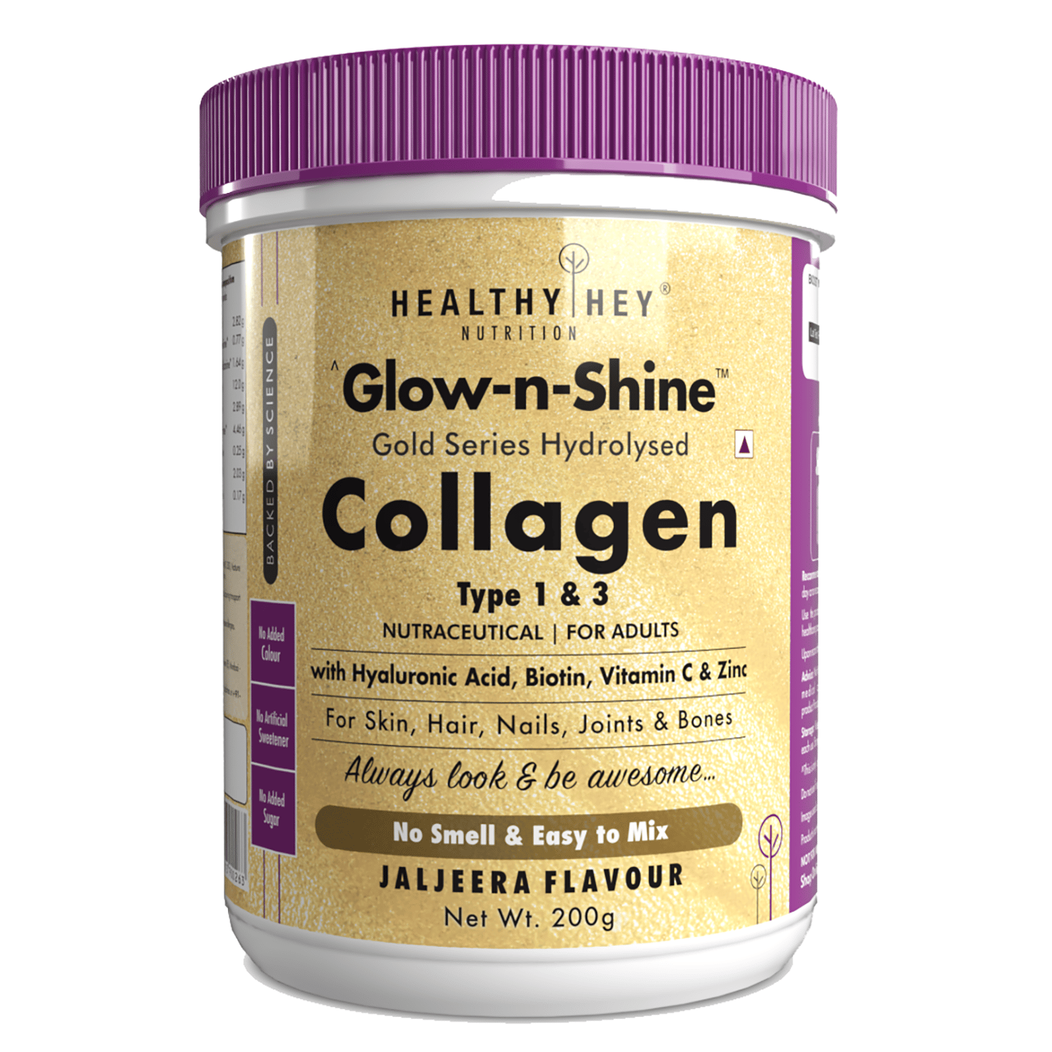 HealthyHey Nutrition Skin Support - Glow-n-Shine Collagen Power 200g | Hydrolysed Collagen for Women and Men with Hyaluronic Acid, Biotin and Vitamin C for Healthy Skin, Hair and Nails - (Jaljeera, 200gm)