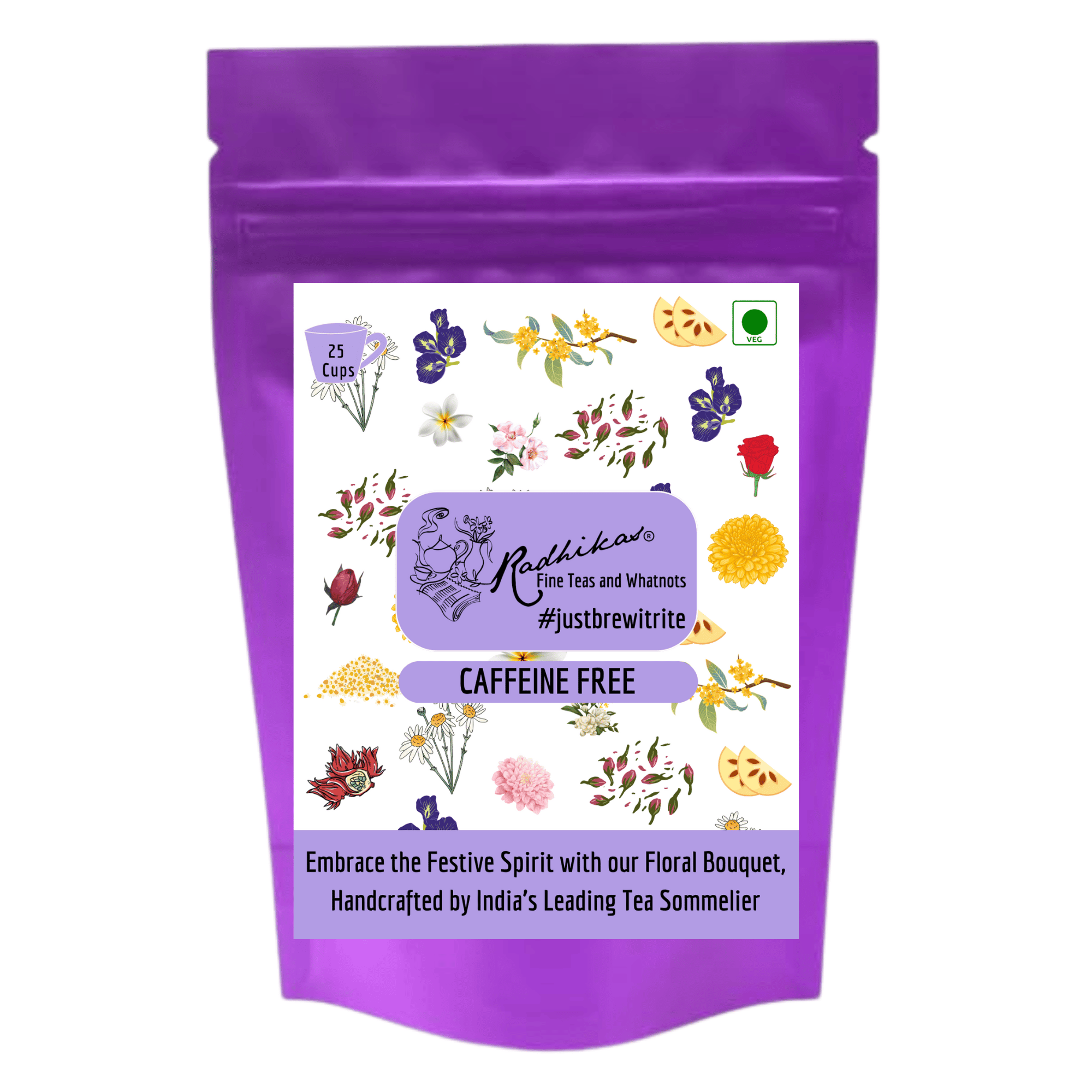 Radhikas Fine Teas and Whatnots - Festive Floral Blend: Rose, Jasmine, Chamomile, Hibiscus & Butterfly Pea - 5 Floral Tea, 25 Cups - Elevate Your Senses with Our Floral Tea Collection, Festive Pack