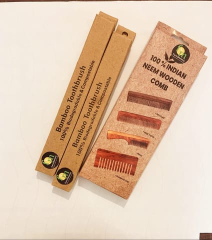 Farm2Mamma Bamboo Toothbrush with Charcoal Activated Soft Bristles & Neemwood Comb Kit For Better Oral & Hair Care- Eco Friendly