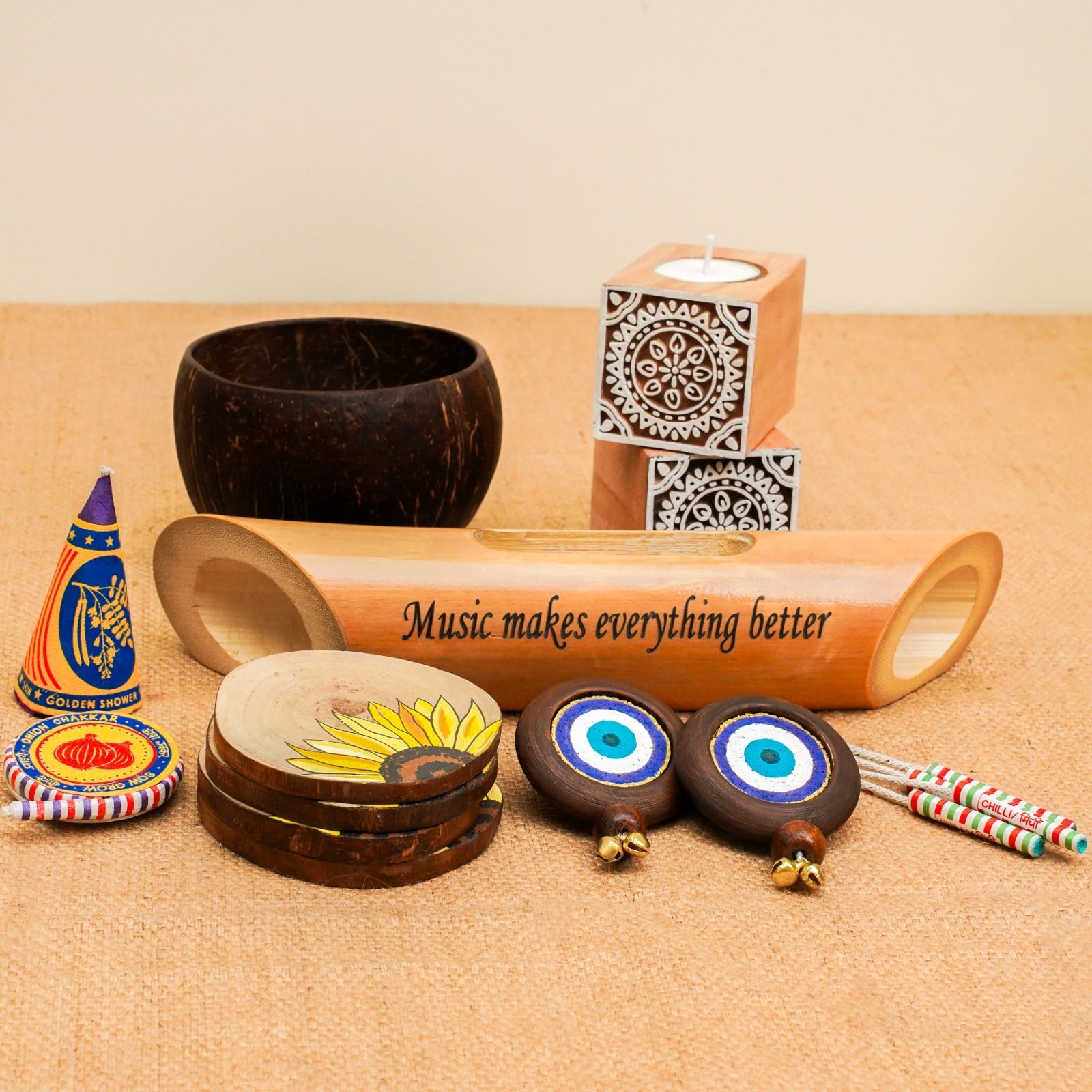 Scrapshala | Go Green Diwali Gift Hamper | Mandala Tea light Holders | Evil Eye Door Hanging Set | Plantable Crackers Pack | Sunflower Coaster Pack | Coconut Bowl | Bamboo Sound Amplifier | Handcrafted in Banaras