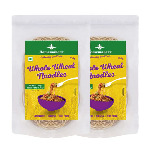 Homemakerz Whole Wheat Noodles, Natural, Preservative, Fat Free, Not Fried & No Oil, Healthy & Tasty Hakka Noodles With High Fibre, 400 gms (Pack of 2)