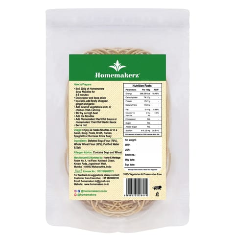 Homemakerz Soya Noodles, Natural, Preservative, Fat Free, Not Fried & No Oil, Healthy & Tasty Hakka Noodles With High Fibre & Protein, 400 gms (Pack of 2)