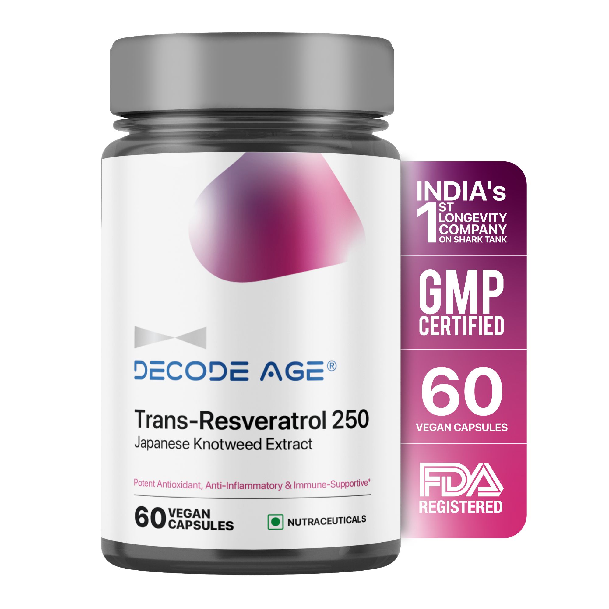 Decode Age Trans Resveratrol 99.5% Pure 250mg Supplement Micronized (60 Capsules)