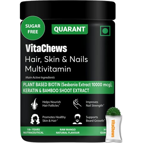 QUARANT VitaChews Hair, Skin & Nails Multivitamin Sugar Free Gummies with Biotin (Plant Based), Keratin, Bamboo Shoot Extract & 16 Nutrients for Men & Women, 30 Days Pack, Raw Mango Natural Flavour